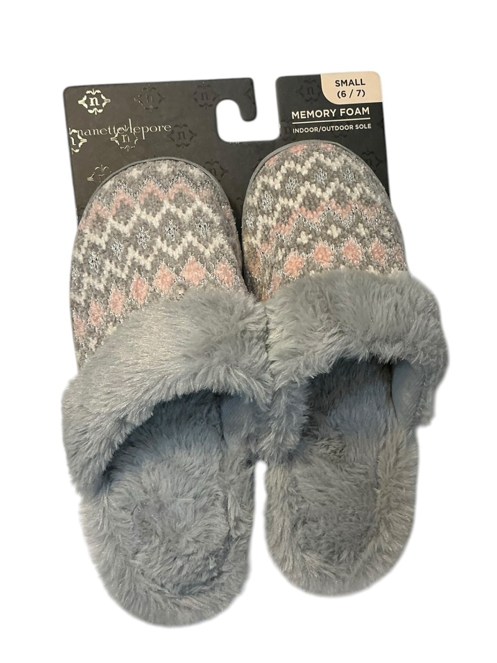 Nanette Lepore Memory Foam Slippers Gray Fair Isle Faux Fur Women’s Small 6/7